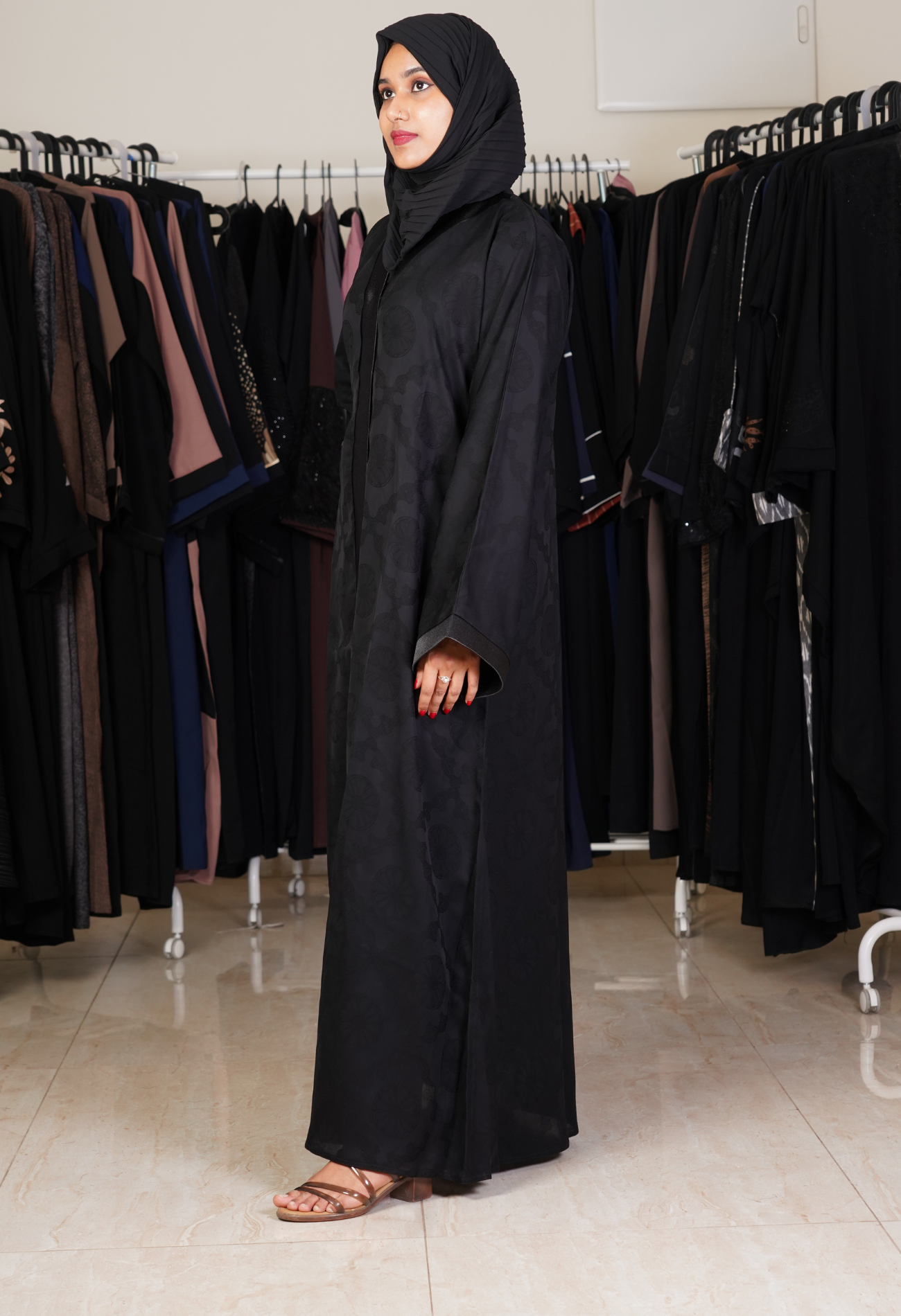 Black Self Design Front Open Abaya