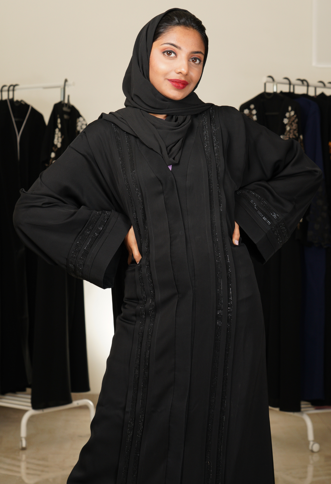 Black Front Open Abaya with Black Stones