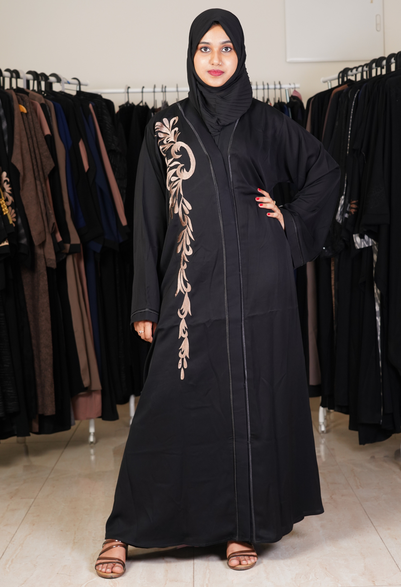 Black Front Open Abaya With Embroidery