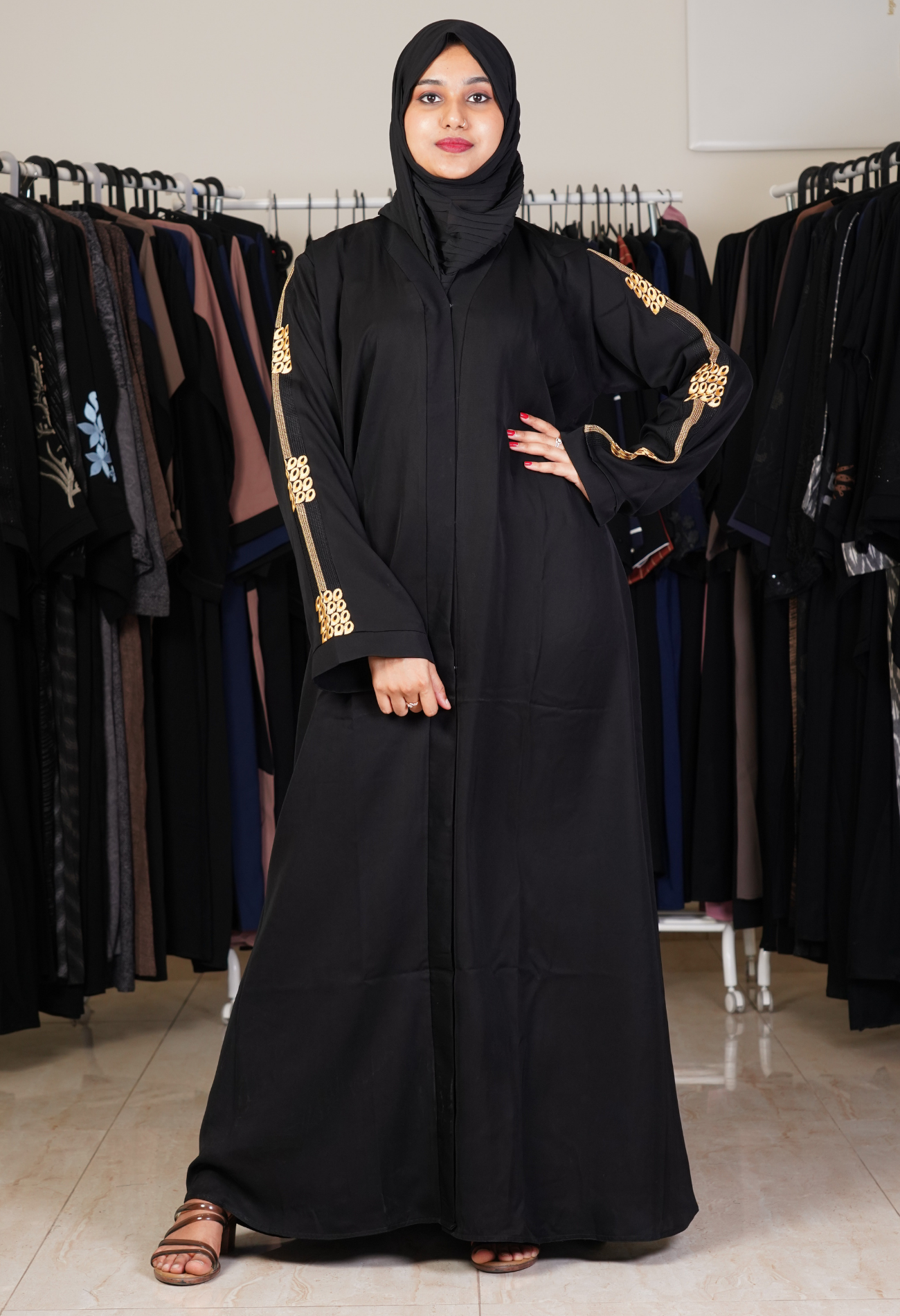 Black Front Open Abaya With Yellow Strip