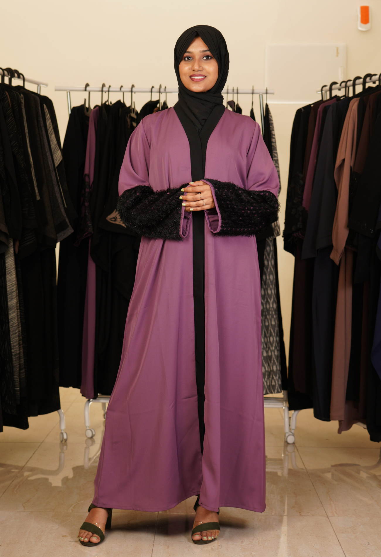 Basic Front Open Abaya With Fur Sleeves