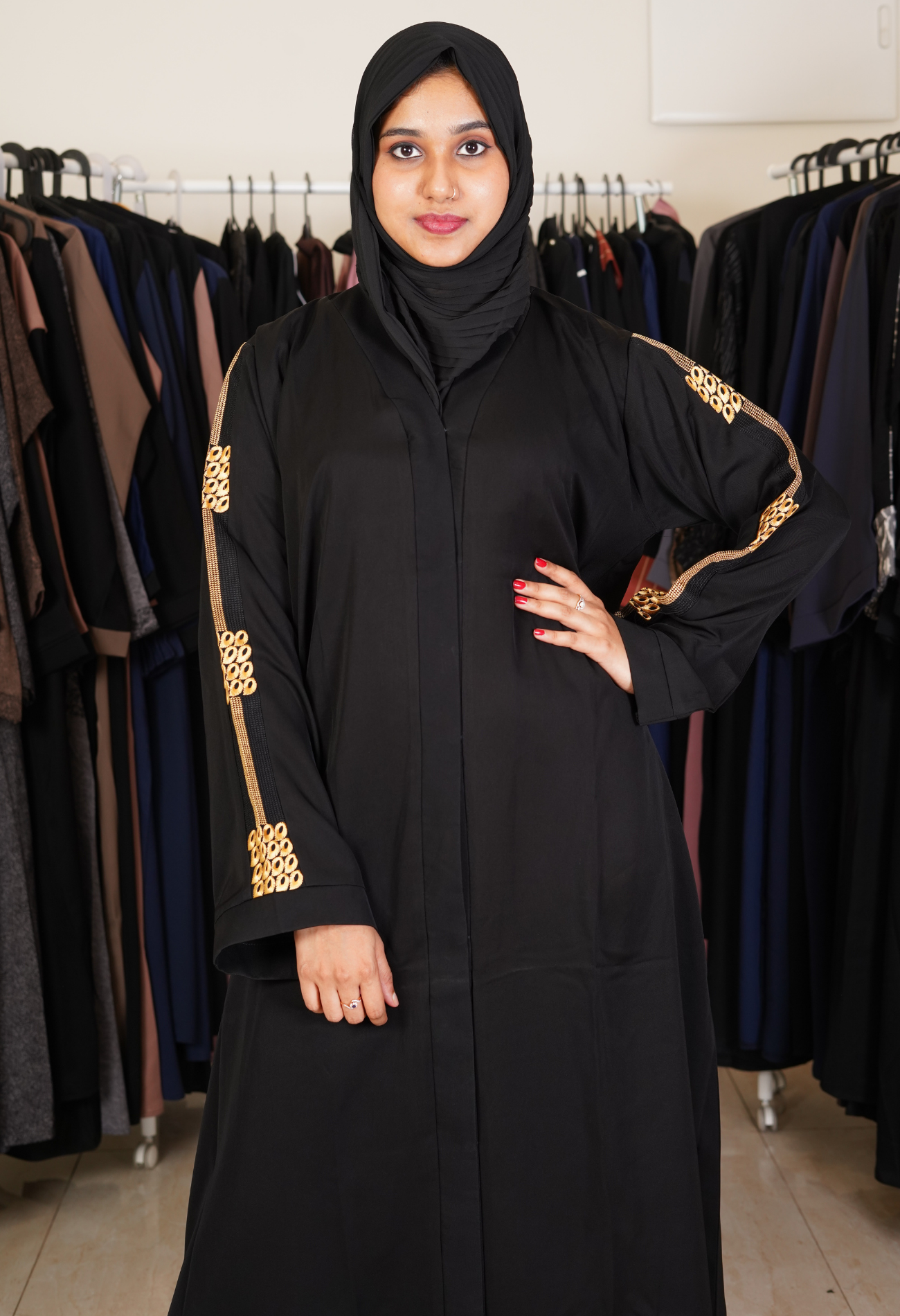 Black Front Open Abaya With Yellow Strip