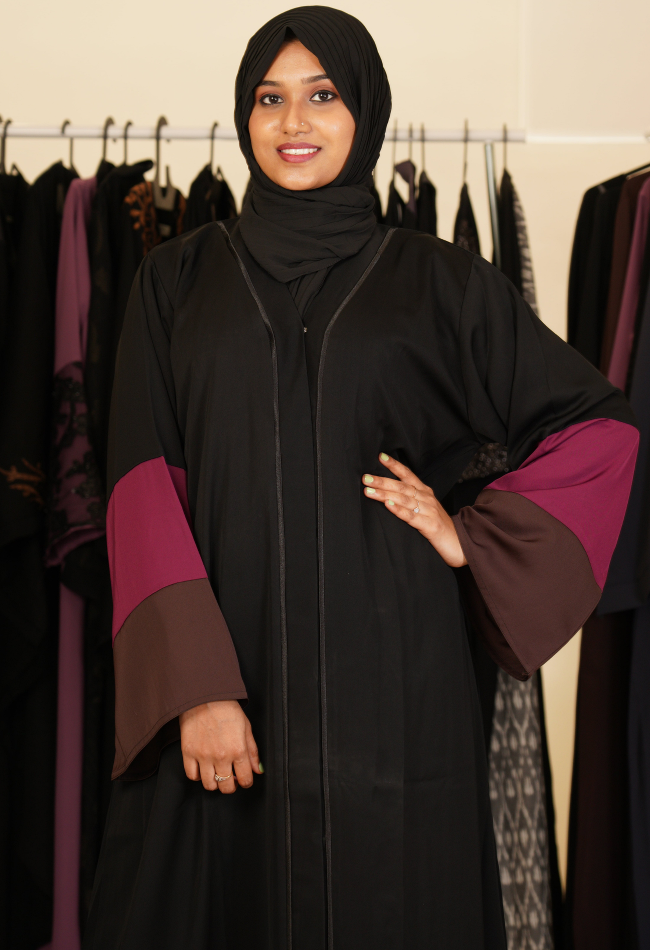 Black Front Open Abaya With Multi Color Sleeves