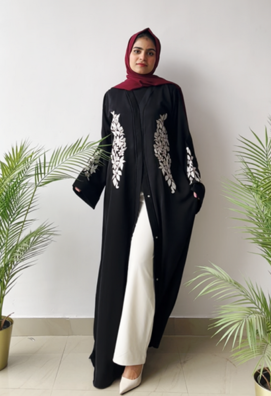 Black Front Open Abaya With White Floral Embroidery