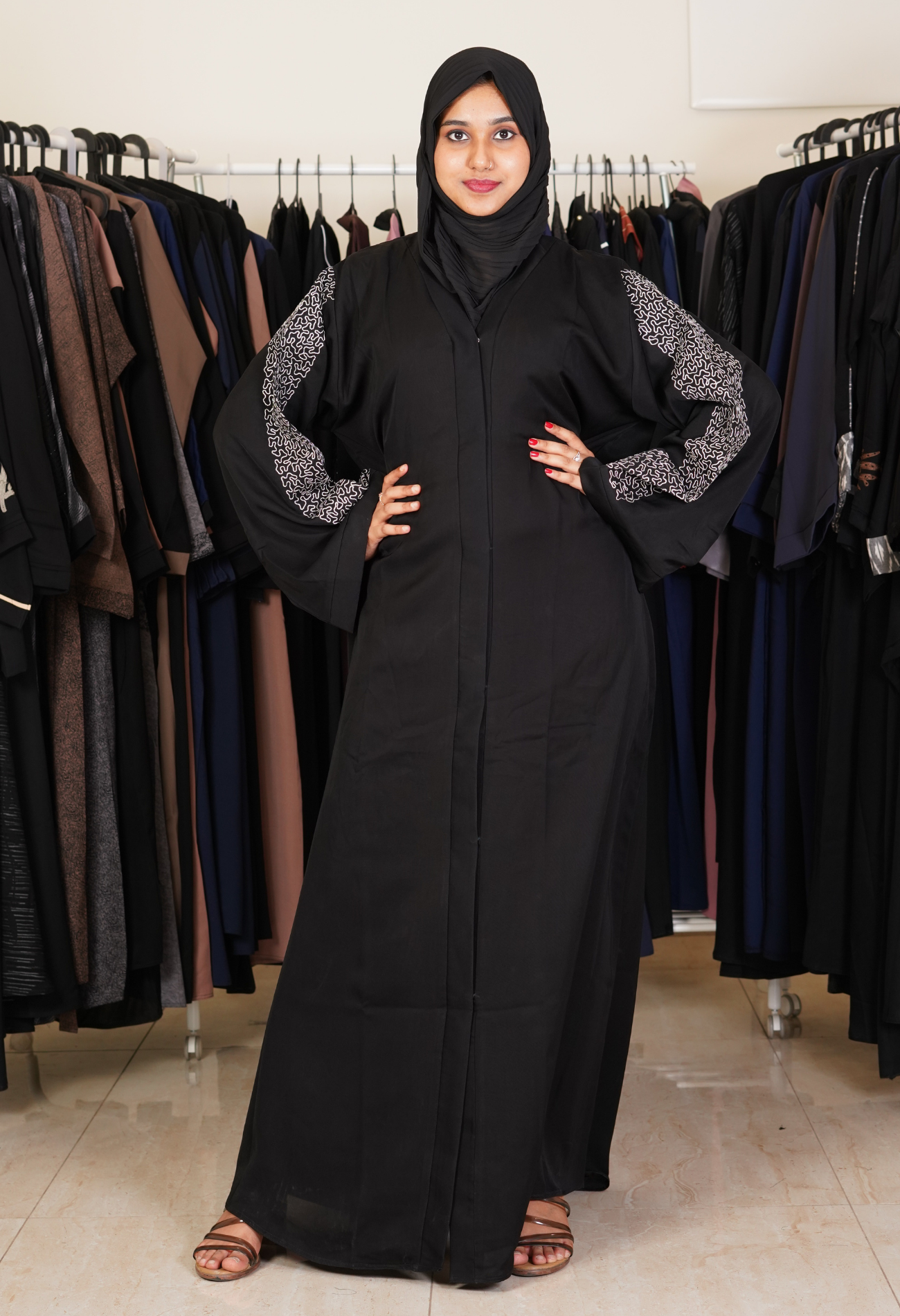 Black Front Open Abaya With Aari Work On Sleeves