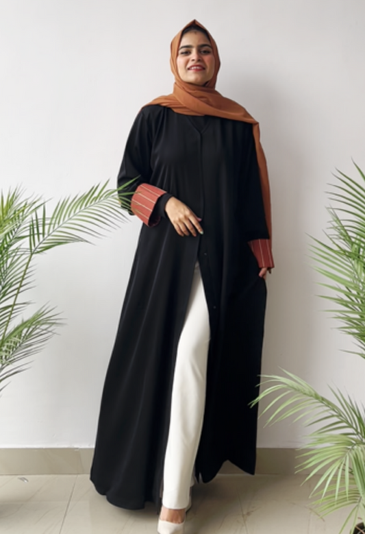 Black Front Open Abaya With Suited Sleeves