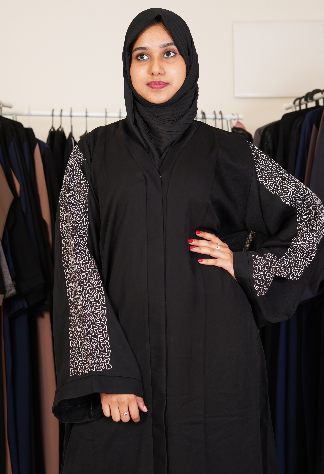 Black Front Open Abaya With Aari Work On Sleeves