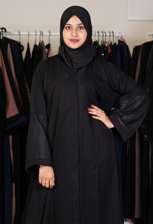 Black Front Open Abaya With Black Netted Sleeves
