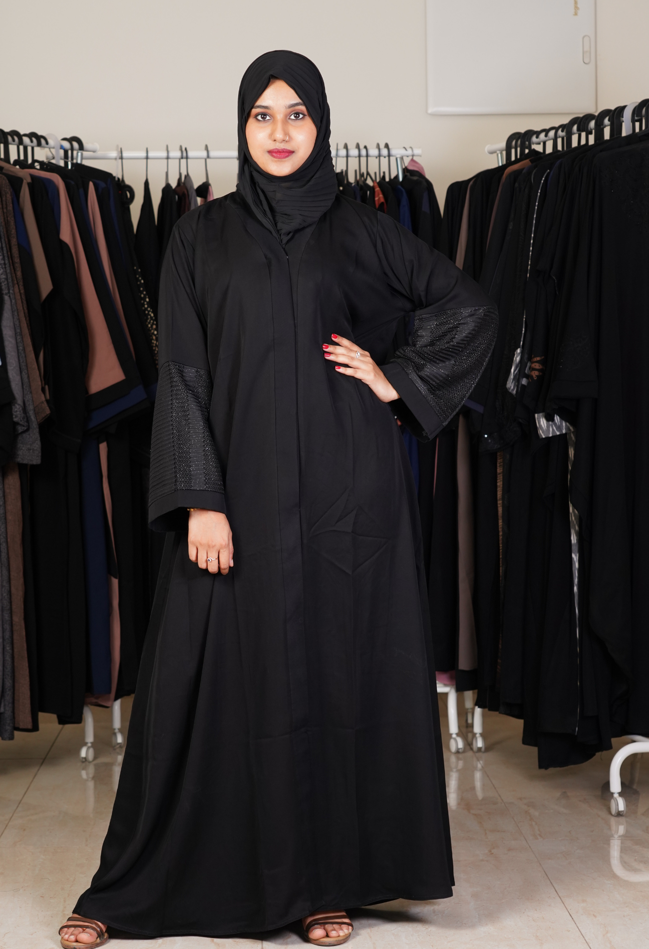 Black Front Open Abaya With Black Netted Sleeves
