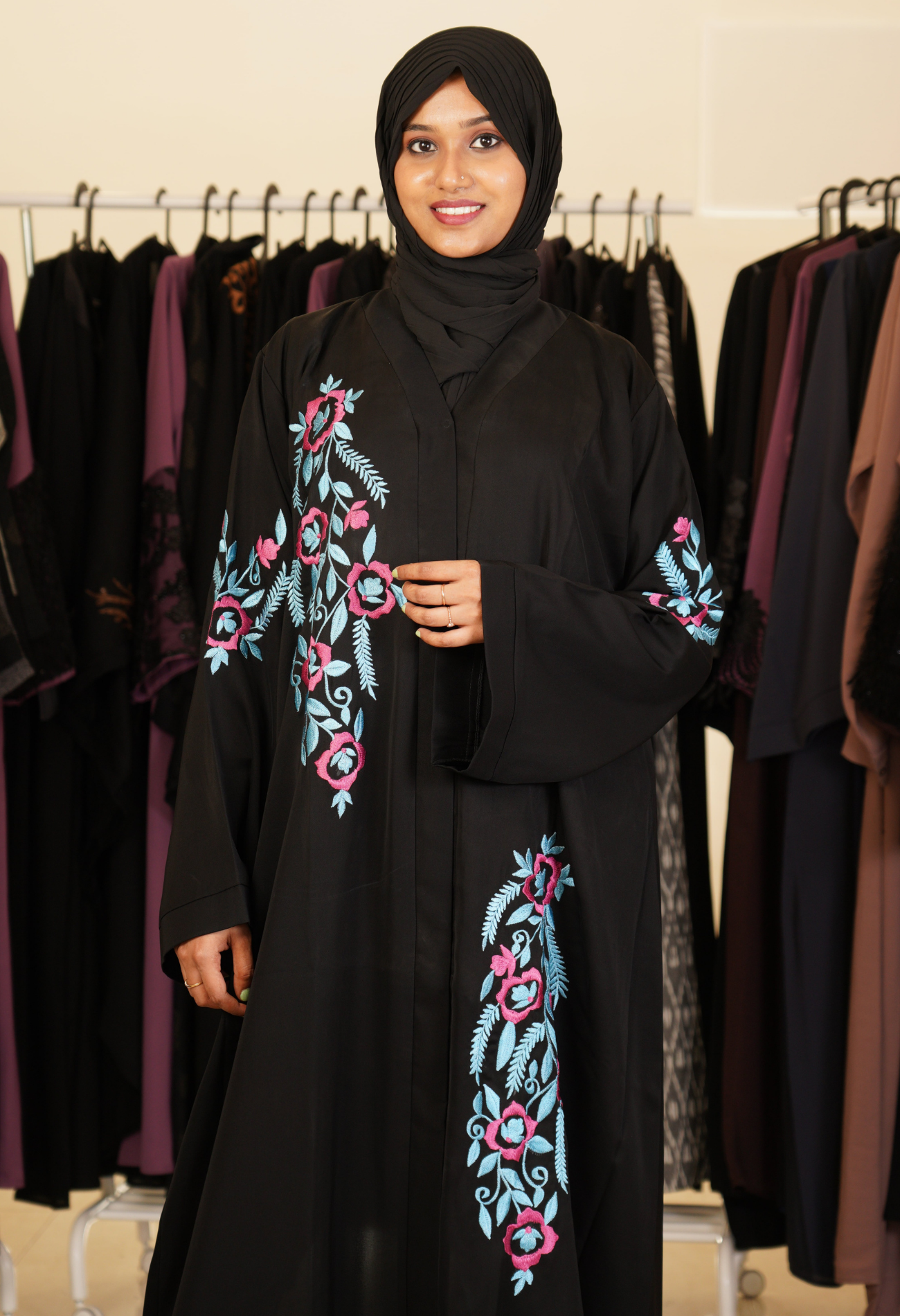 Black Front Open Abaya With Multi Color Embroidery