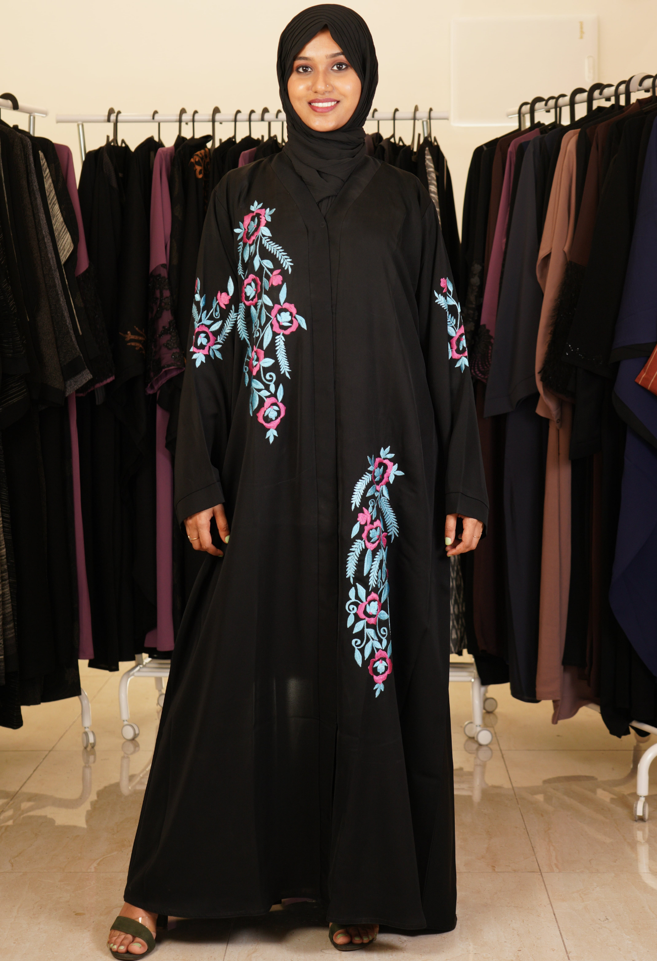 Black Front Open Abaya With Multi Color Embroidery