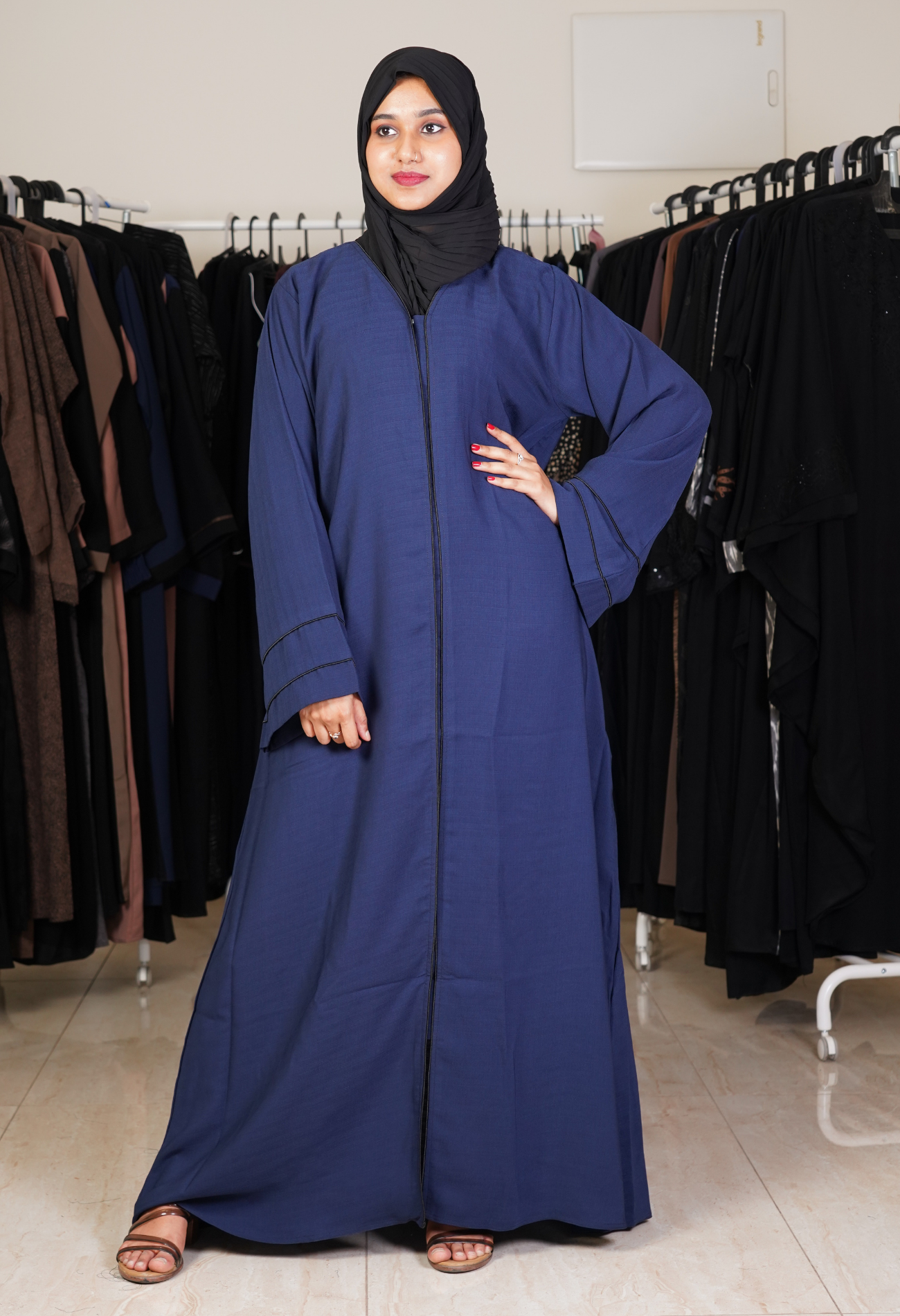 Navy Blue Front Open Abaya With Black Piping- Abaya Project