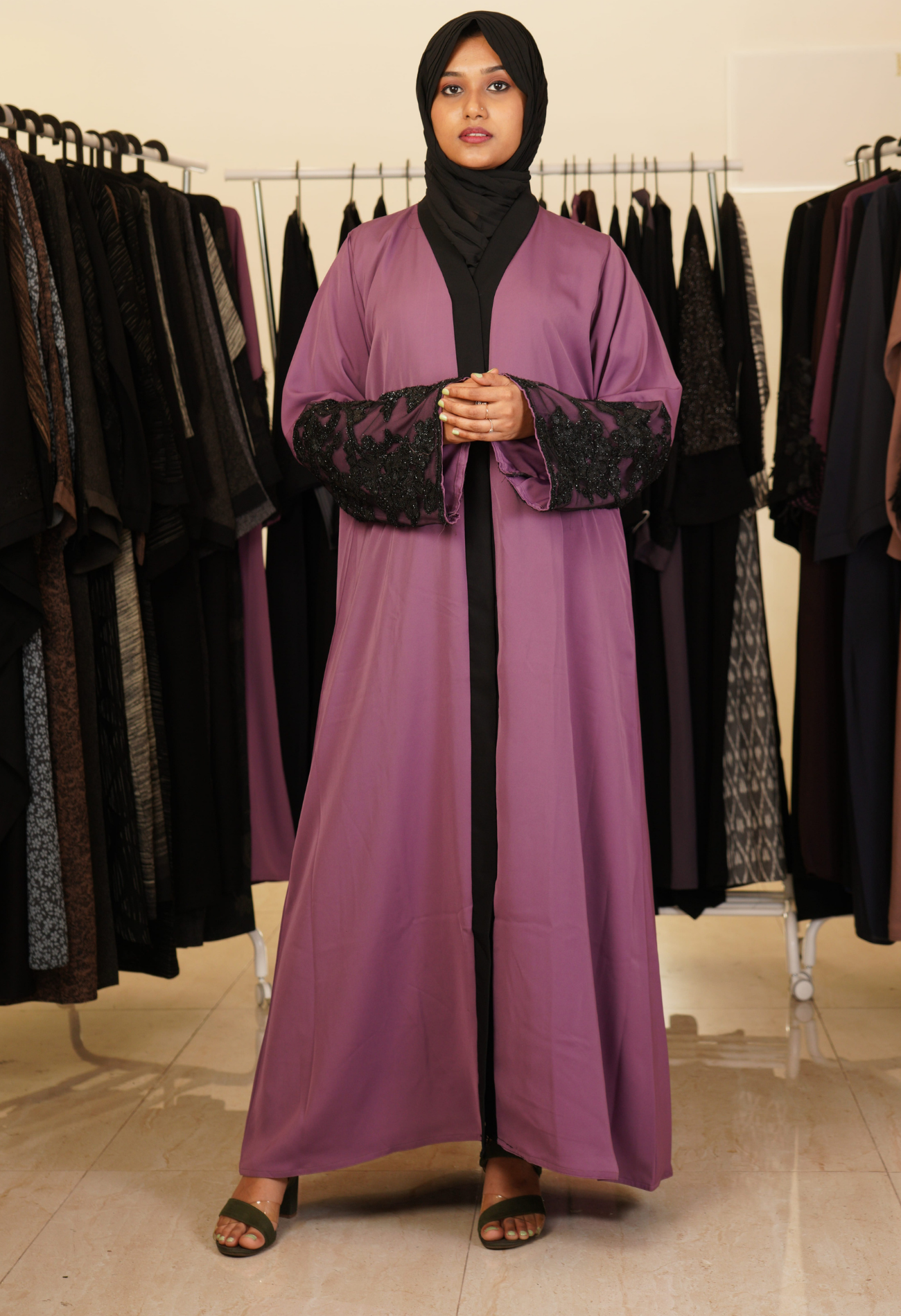 Fuchsia Front Open Abaya With Netted Sleeves