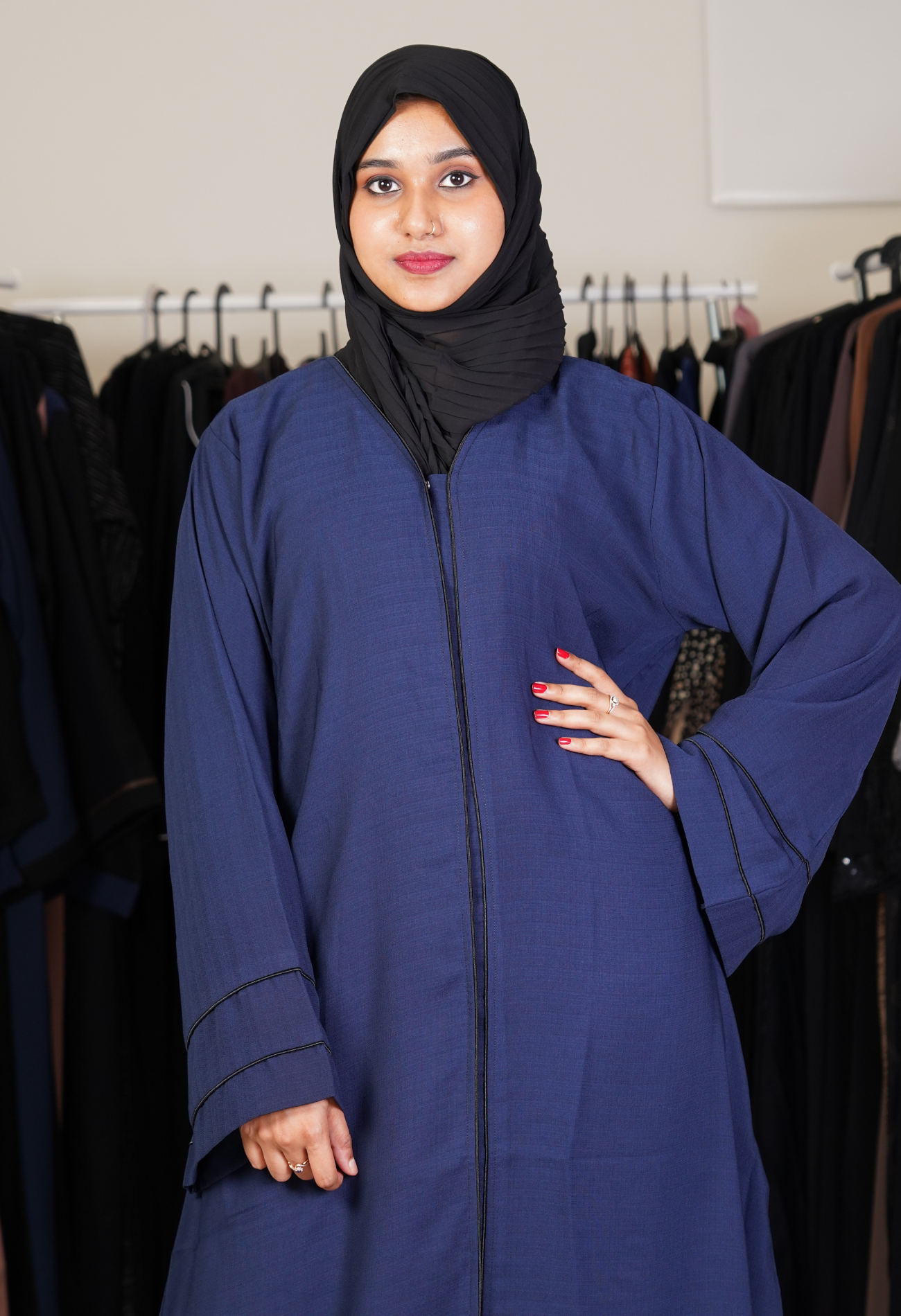 Navy Blue Front Open Abaya With Black Piping- Abaya Project