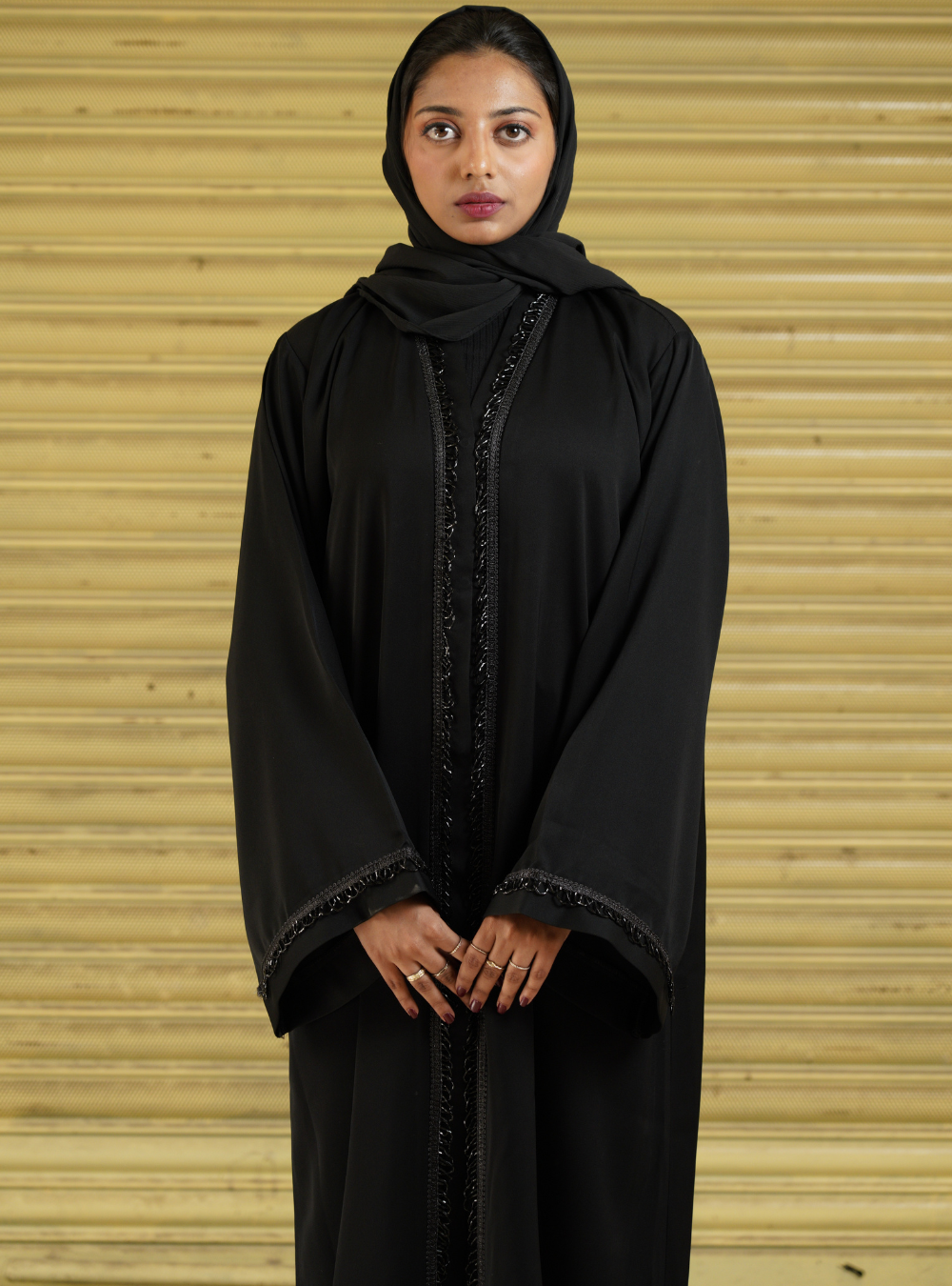 Black Front Open Abaya With Black Tassels Strip