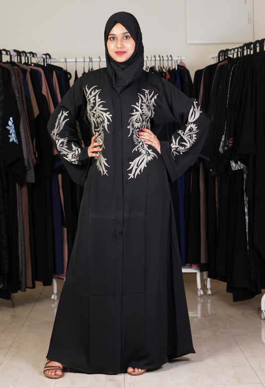 Black Front Open Abaya With Aari Design