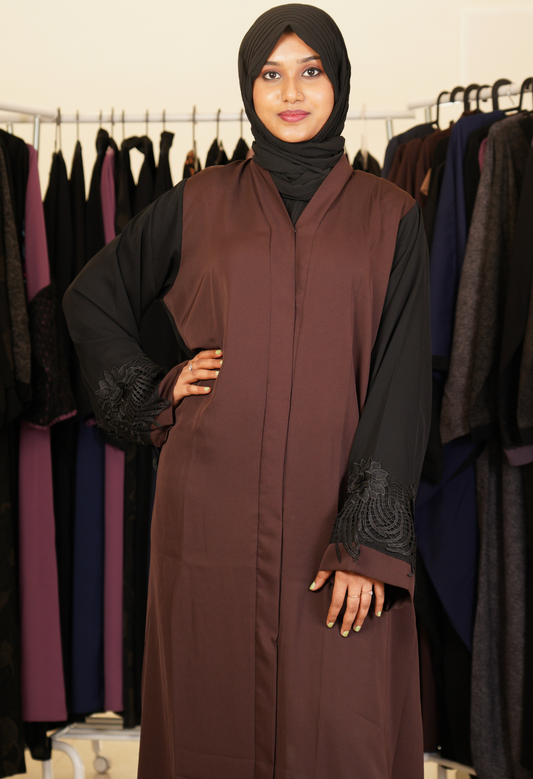 Two Tone Front Open Abaya With Flower Patch on Sleeves