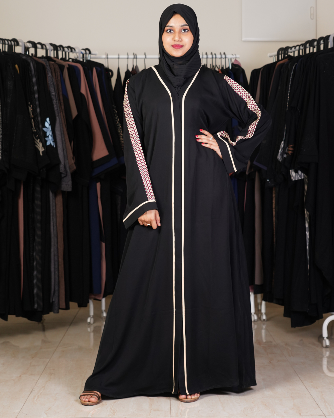 Black Front Open Abaya With Netted Sleeves