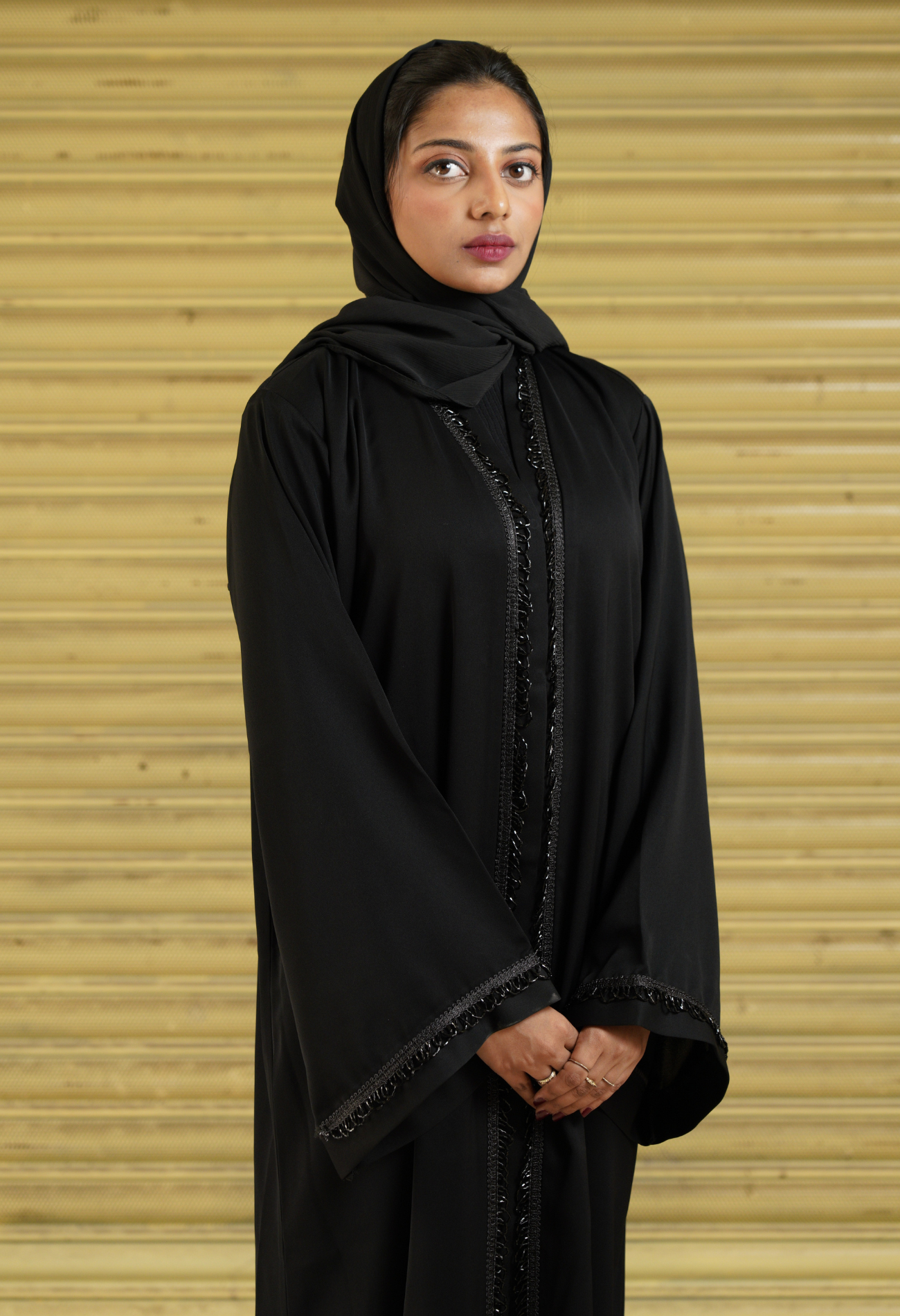 Black Front Open Abaya With Black Tassels Strip